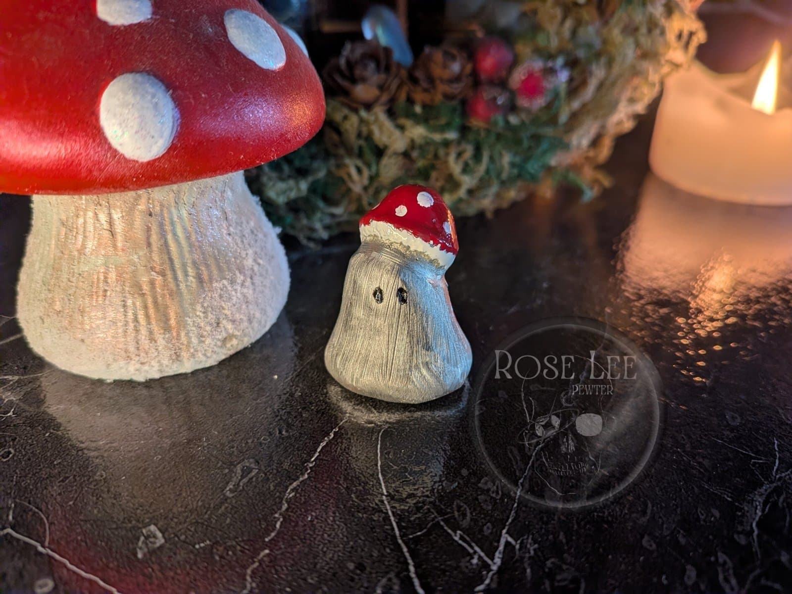 pewter ghost miniature figurine with mushroom cap