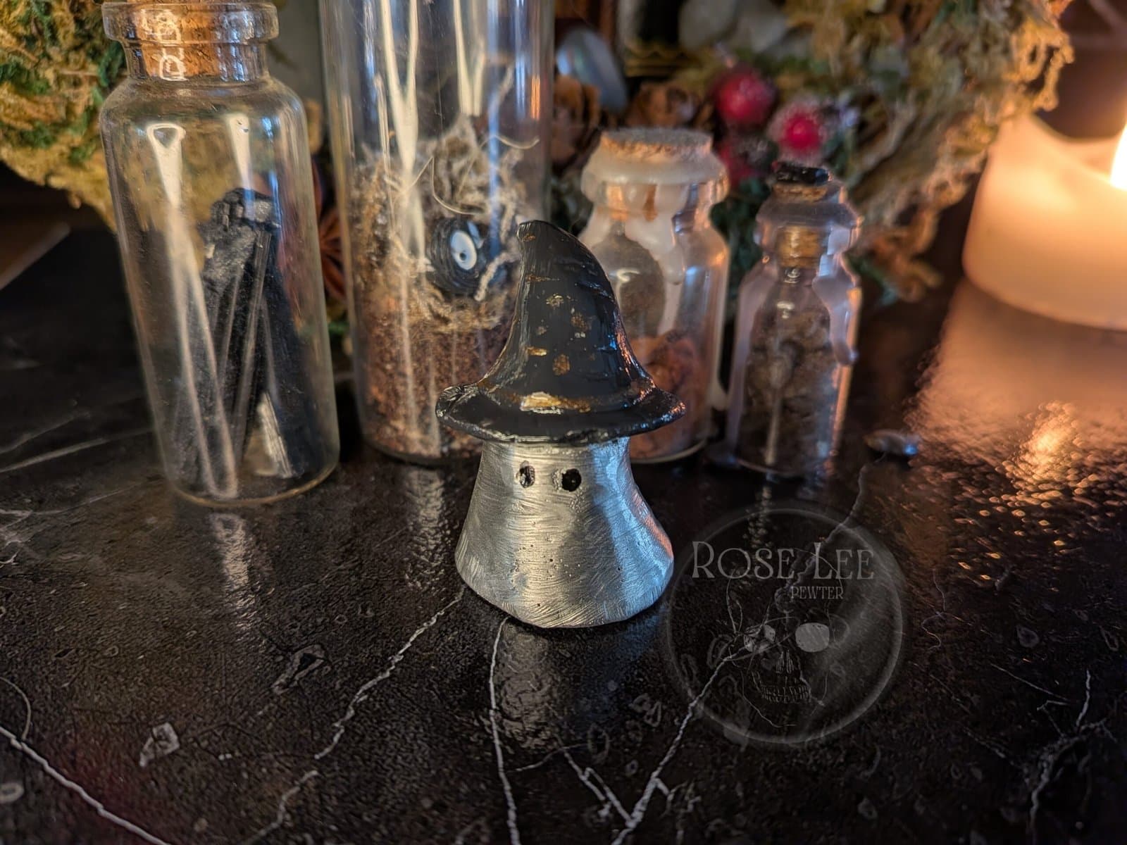 Pewter ghost miniature with witch hat