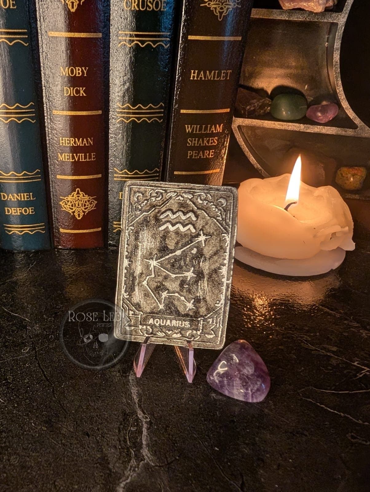 Aquarius Zodiac Tarot Card – Handcrafted Pewter with Amethyst Crystal