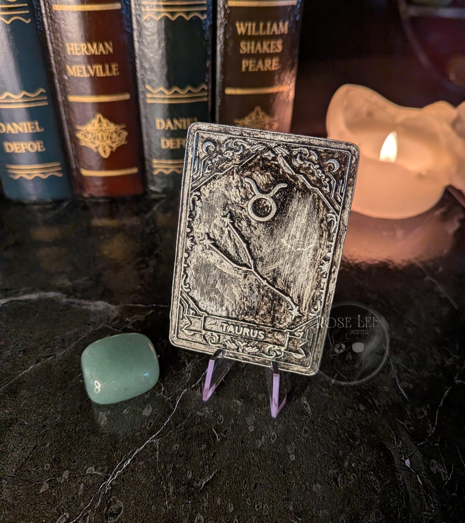 Taurus Zodiac Tarot Card – Handcrafted Pewter With Green Aventurine